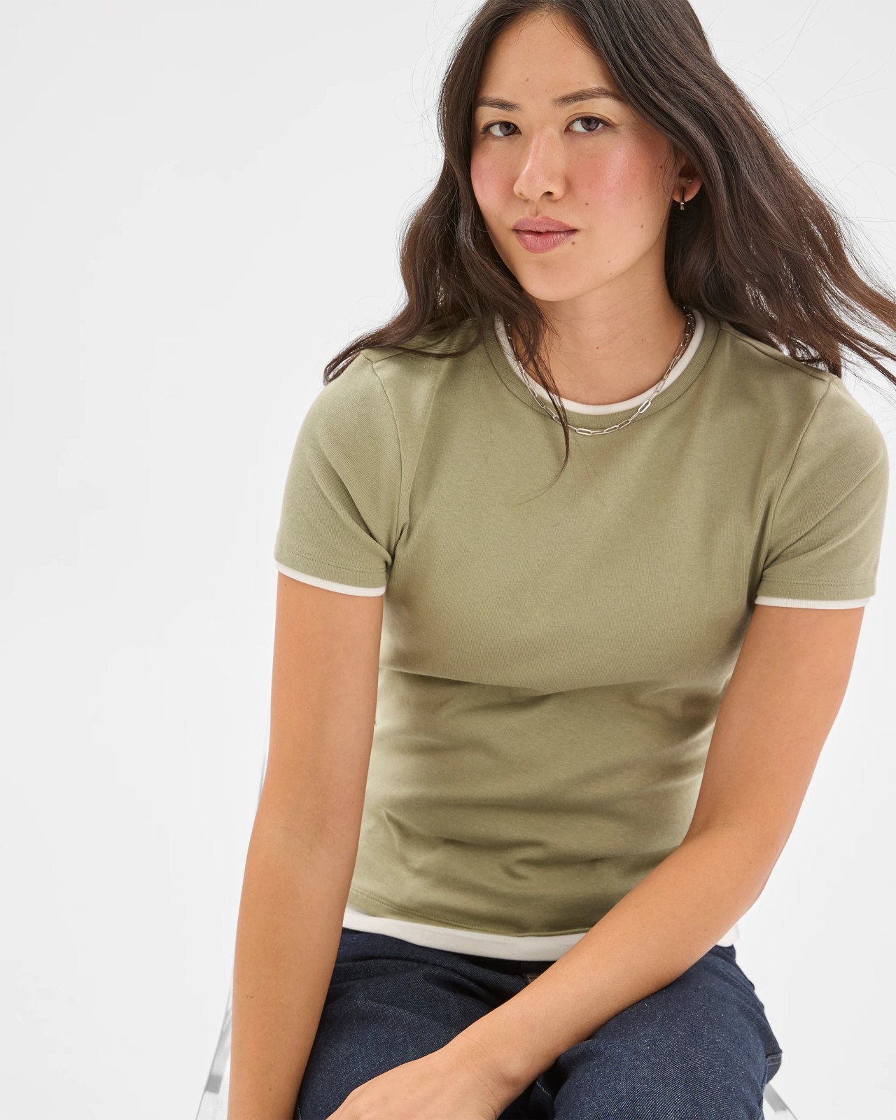 Soft Touch Double Layer Fitted T-Shirt - Soft Sage/Cloud Dancer 4 of 5