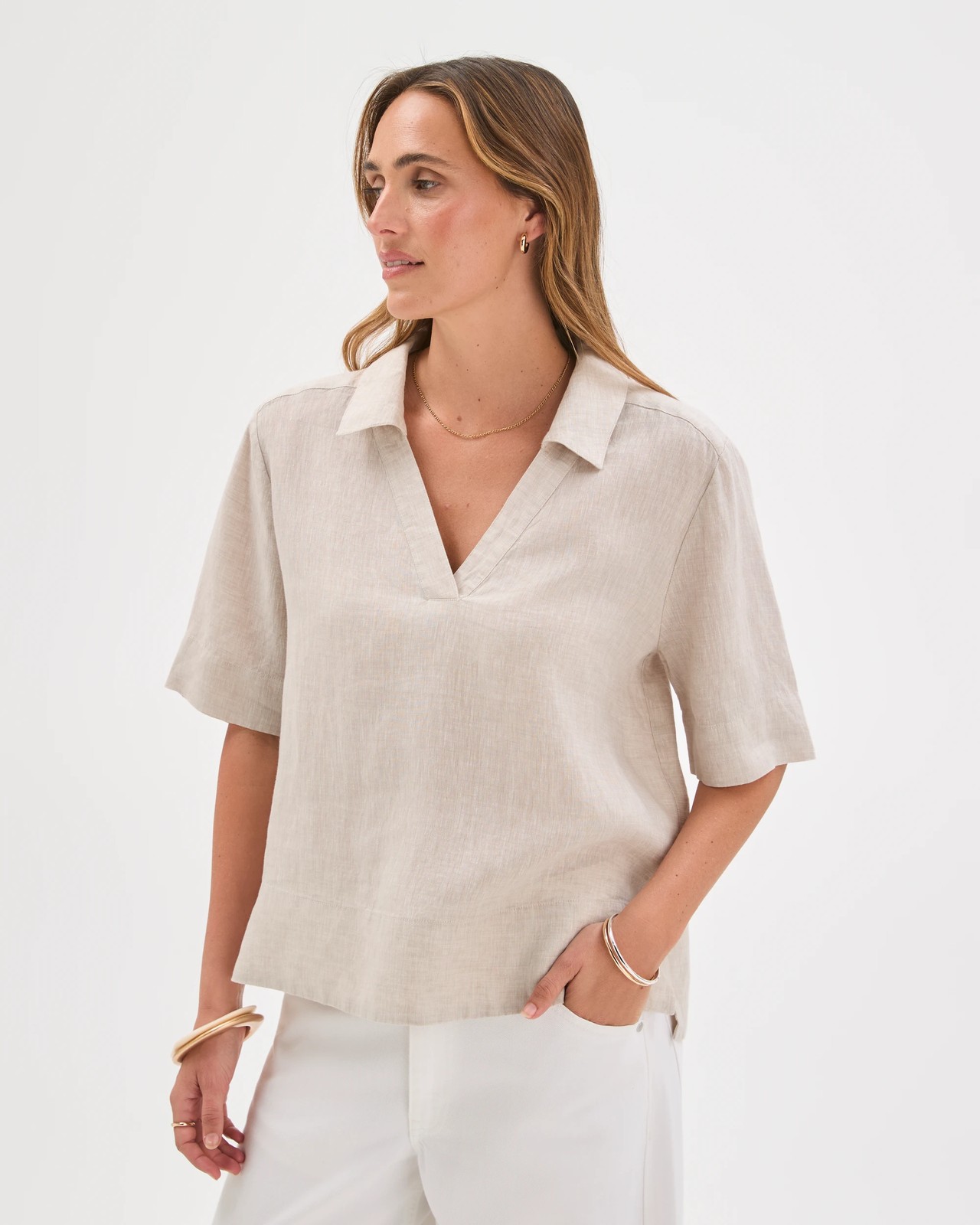 European Linen Short Sleeve A-Line Popover Shirt - Flax 3 of 6