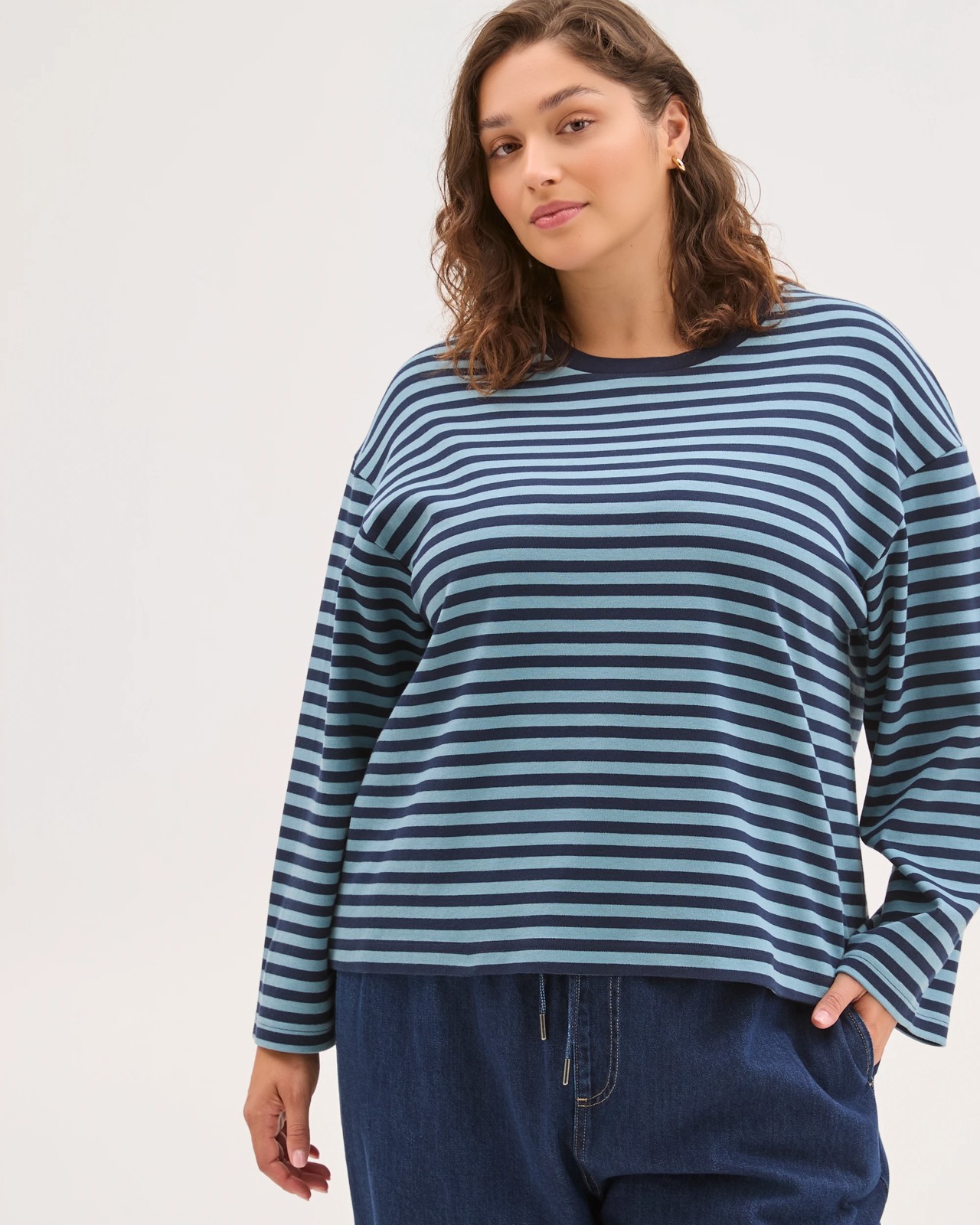 Plus Size Australian Cotton Long Wide Sleeve T-Shirt - Navy Blazer Stripe 4 of 5