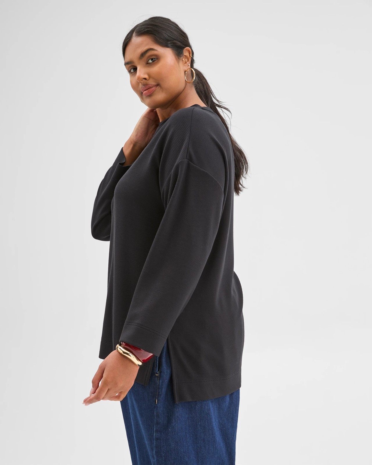 Plus Size Long Sleeve Ottoman Top - Black 4 of 6