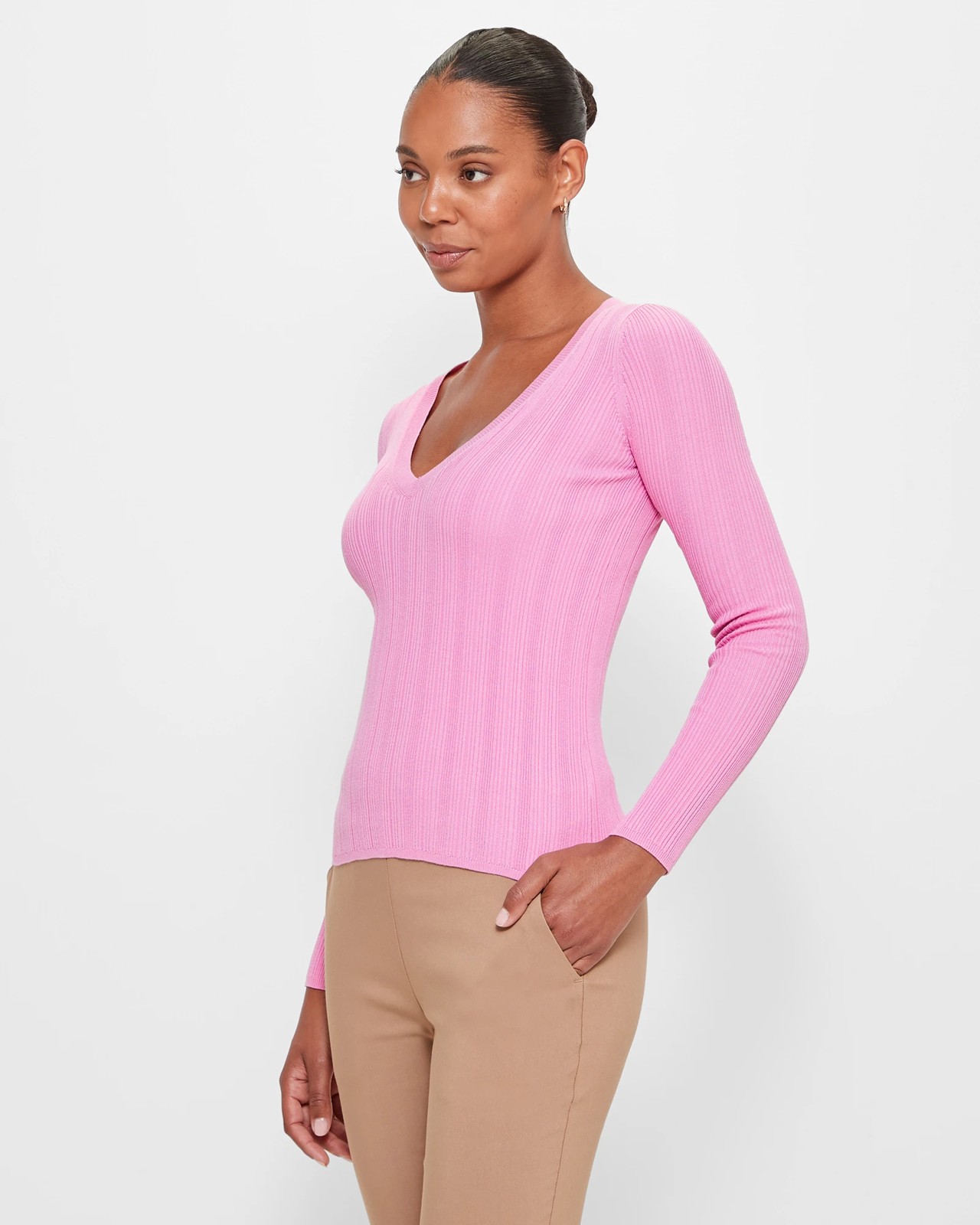 Womens Pink Long Sleeve V Neck Sweater