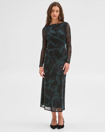 Petites Long Sleeve Mesh Midi Dress