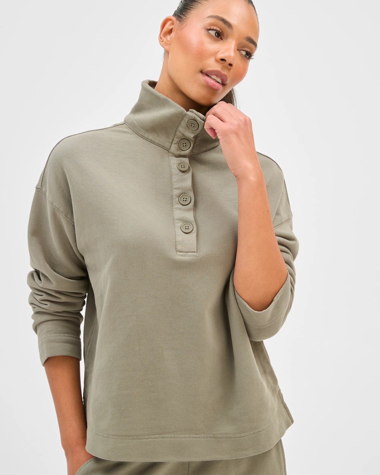 Australian Cotton Funnel Neck Button Front Jumper - Washed Olive 3 of 5