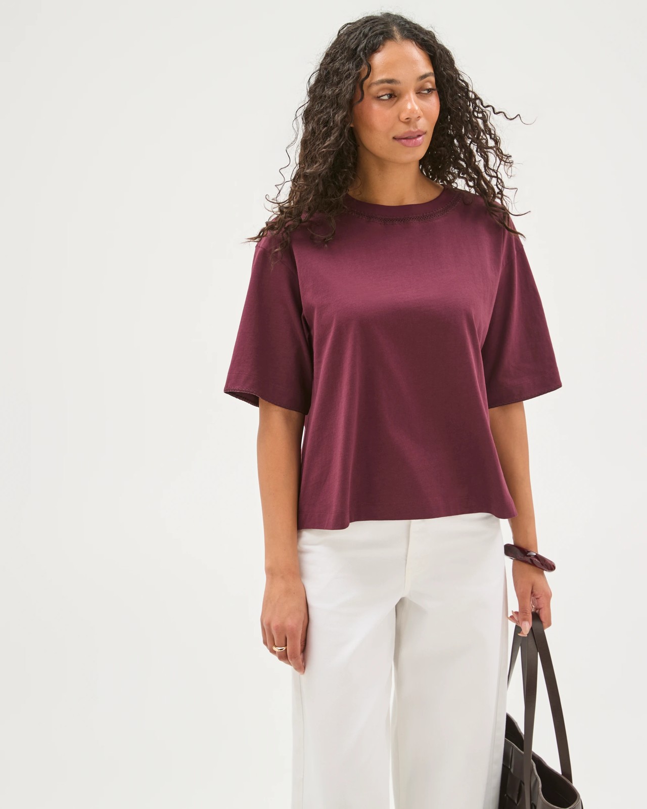 Australian Cotton Boxy Stitch Detail T-Shirt - Merlot 3 of 6