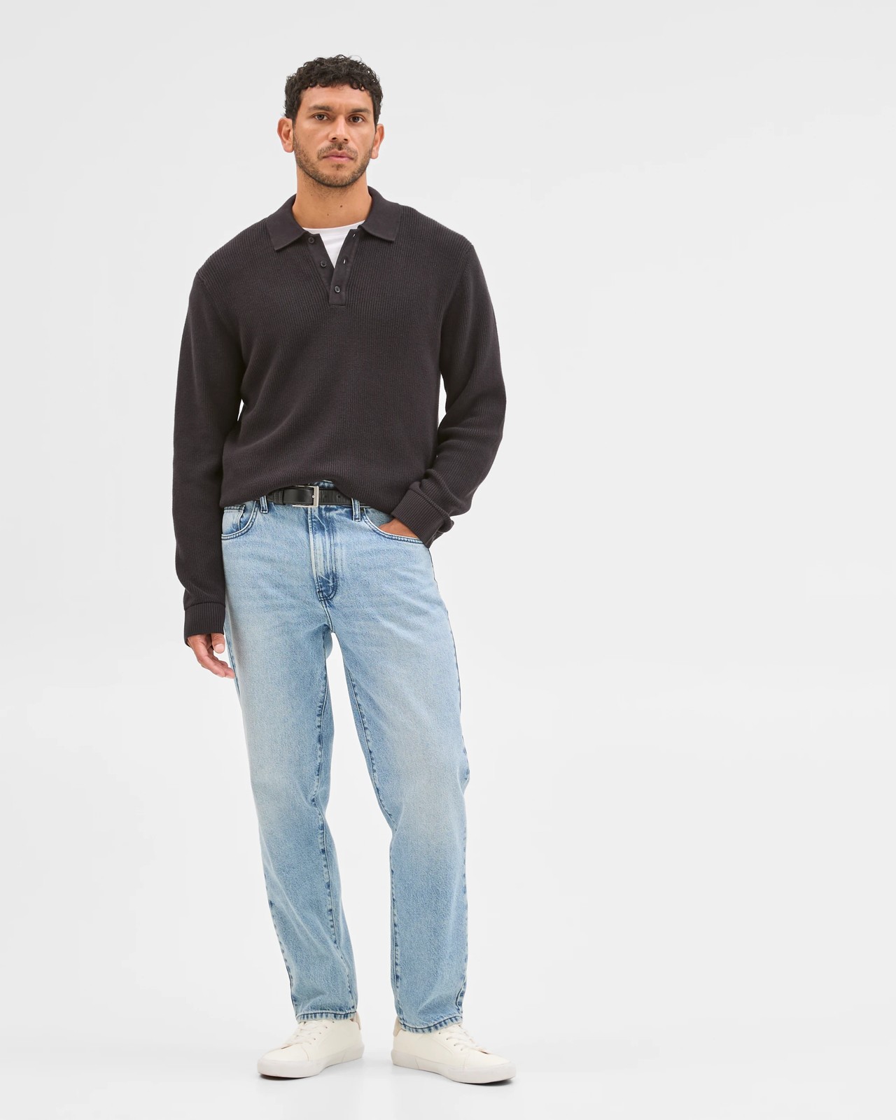 Australian Cotton Lightweight Long Sleeve Polo Neck Knit Sweater - Black 2 of 6