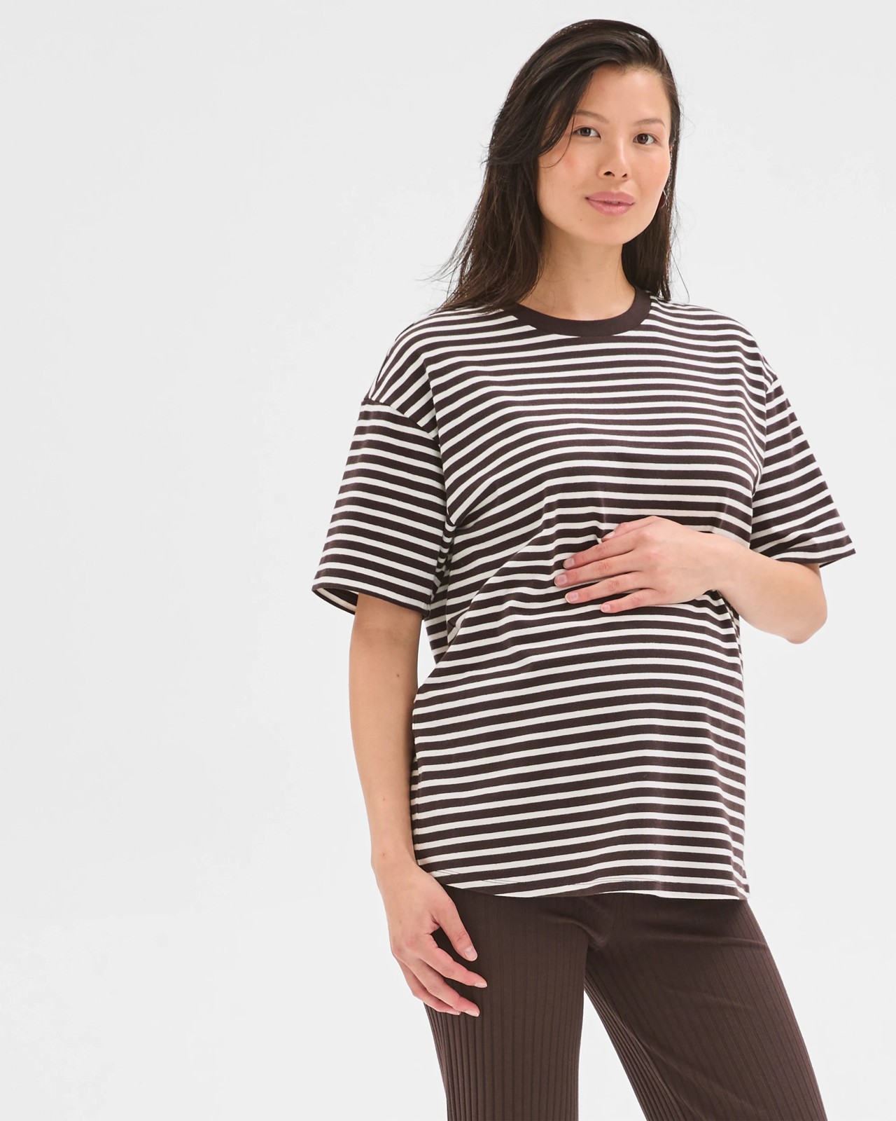 Maternity Australian Cotton Crew Neck T-Shirt - Chocolate/White Stripe 5 of 5
