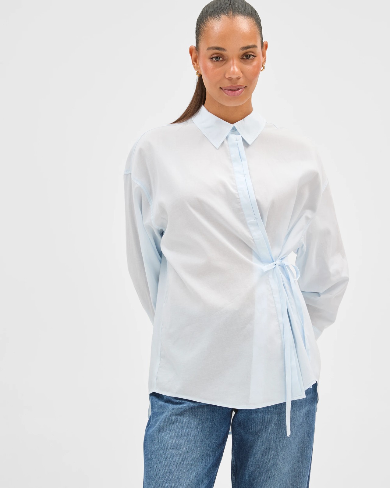 Long Sleeve Tie Voile Shirt - Pale Blue 2 of 5