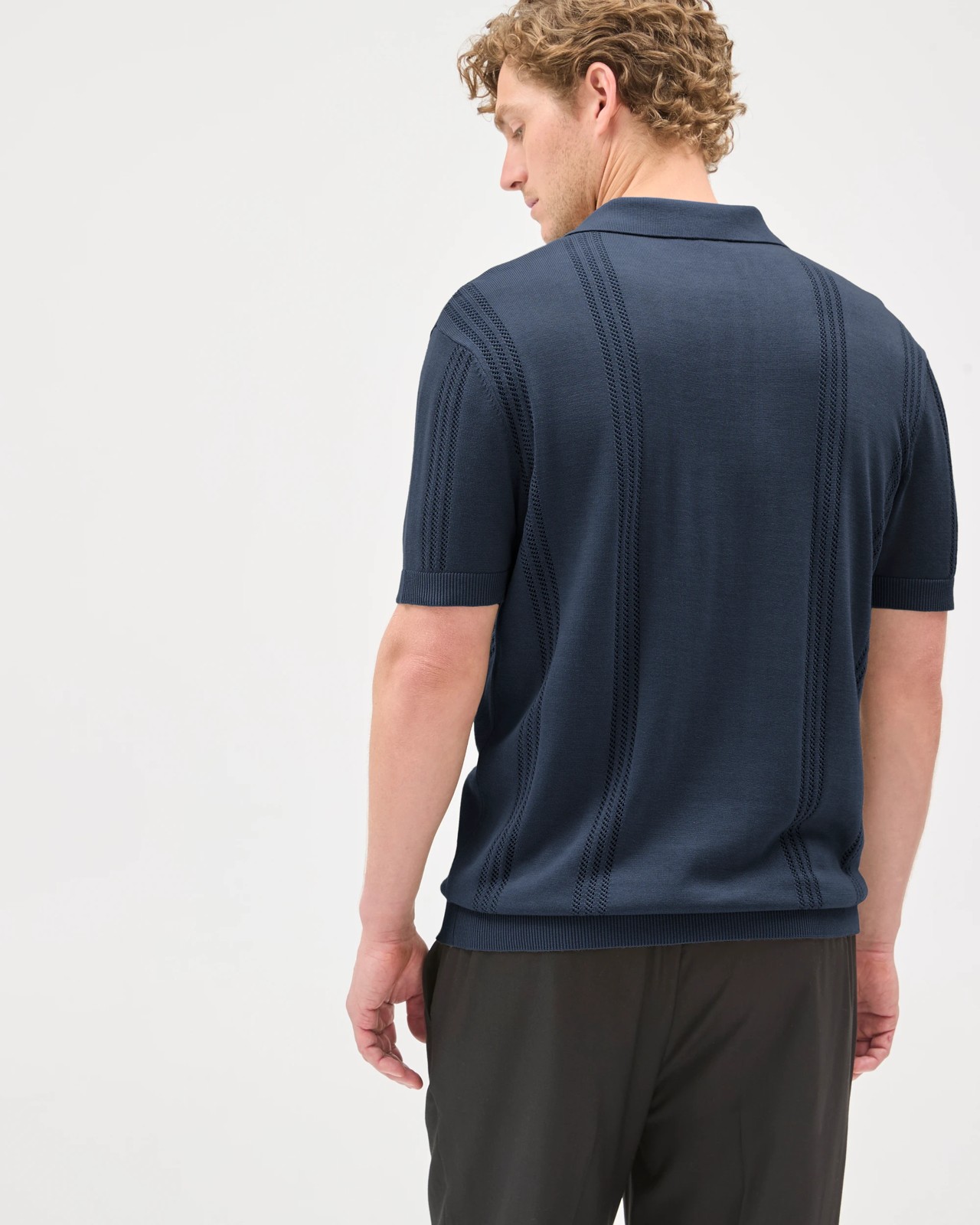 Preview Revere Pointelle Knit Polo Top - Navy 6 of 6