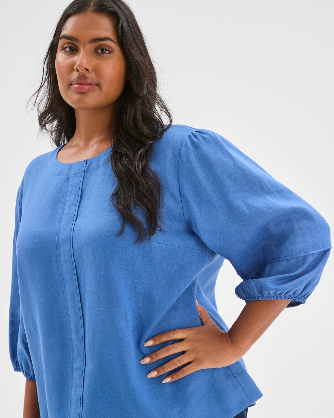 Plus Size European Linen Balloon Sleeve Blouse - Lapis Blue 3 of 6