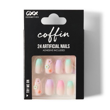 24 Pack Artificial Nails with Adhesive, Coffin Shape, Ombre 3D Floral - OXX Cosmetics
