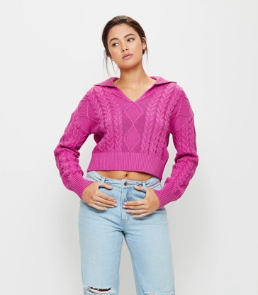 Polo Collar Cable Knit Cropped Jumper - Lily Loves