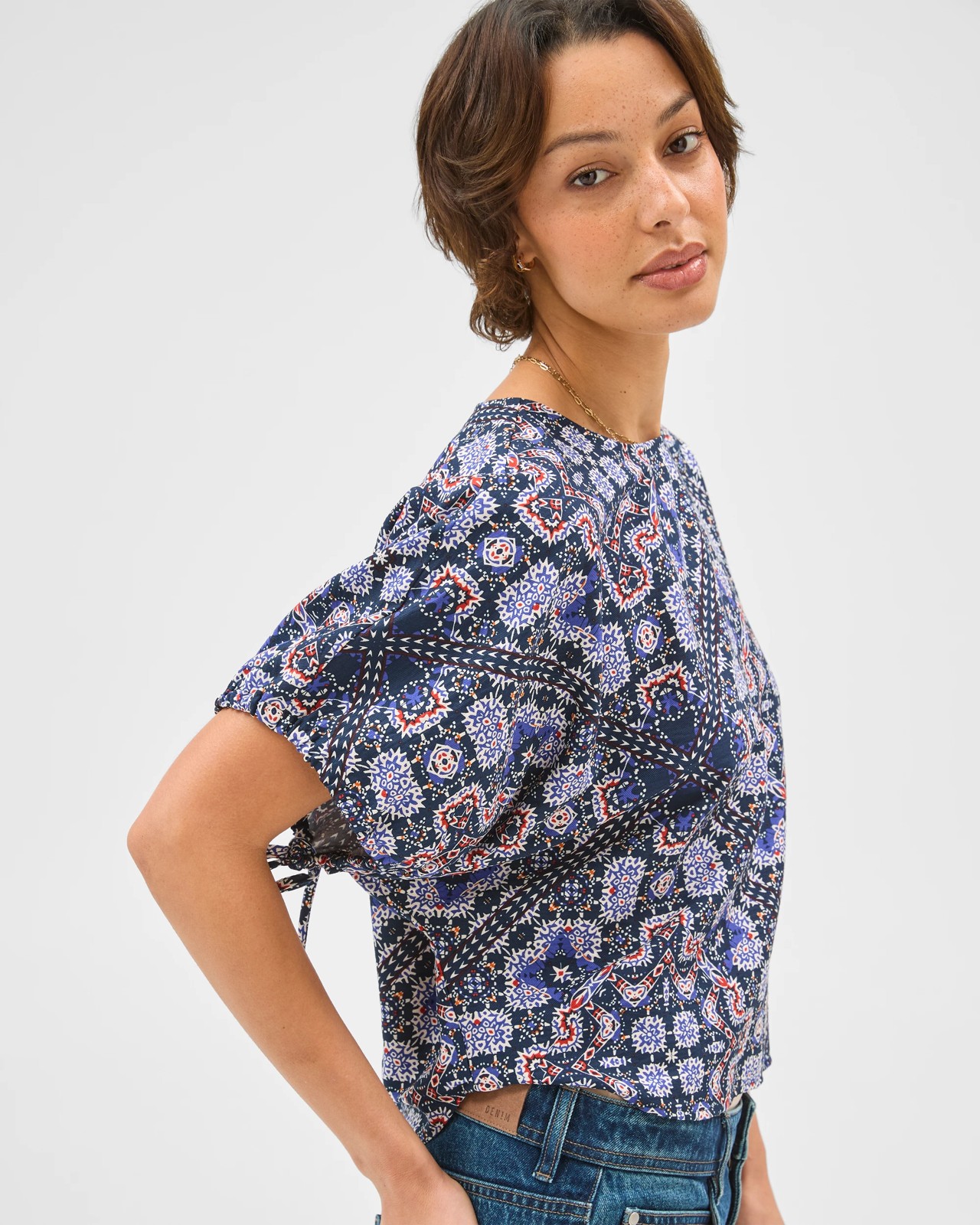 Short Sleeve Tie Detail Blouse - Tile Print 4 of 6