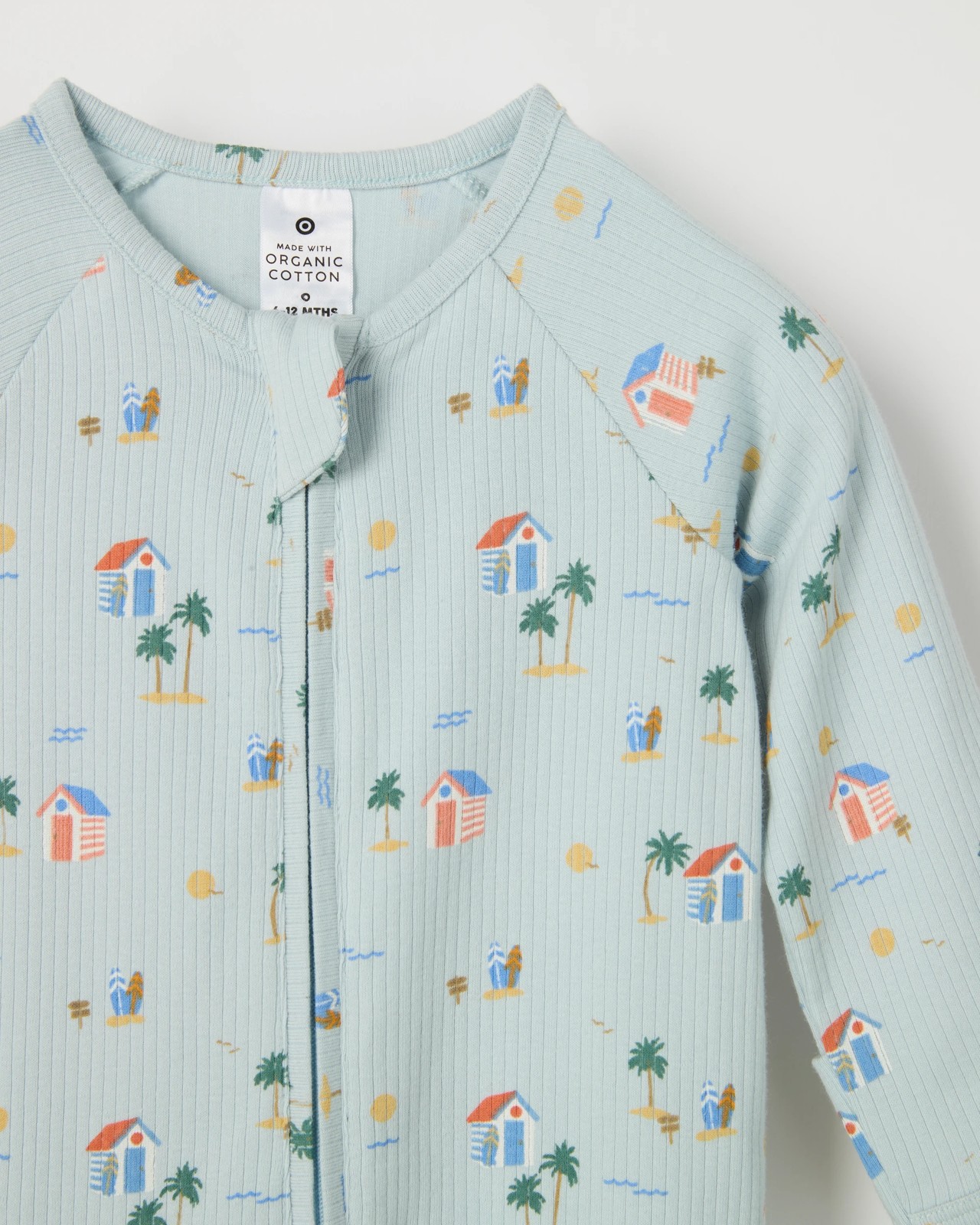 Baby Organic Cotton Rib Zip Footless Coverall - Blue Beach Huts 2 of 3