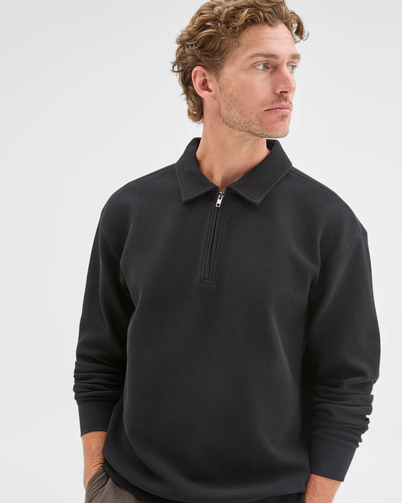Australian Cotton Blend Fleece 1/4 Zip Collared Top - Black 4 of 5