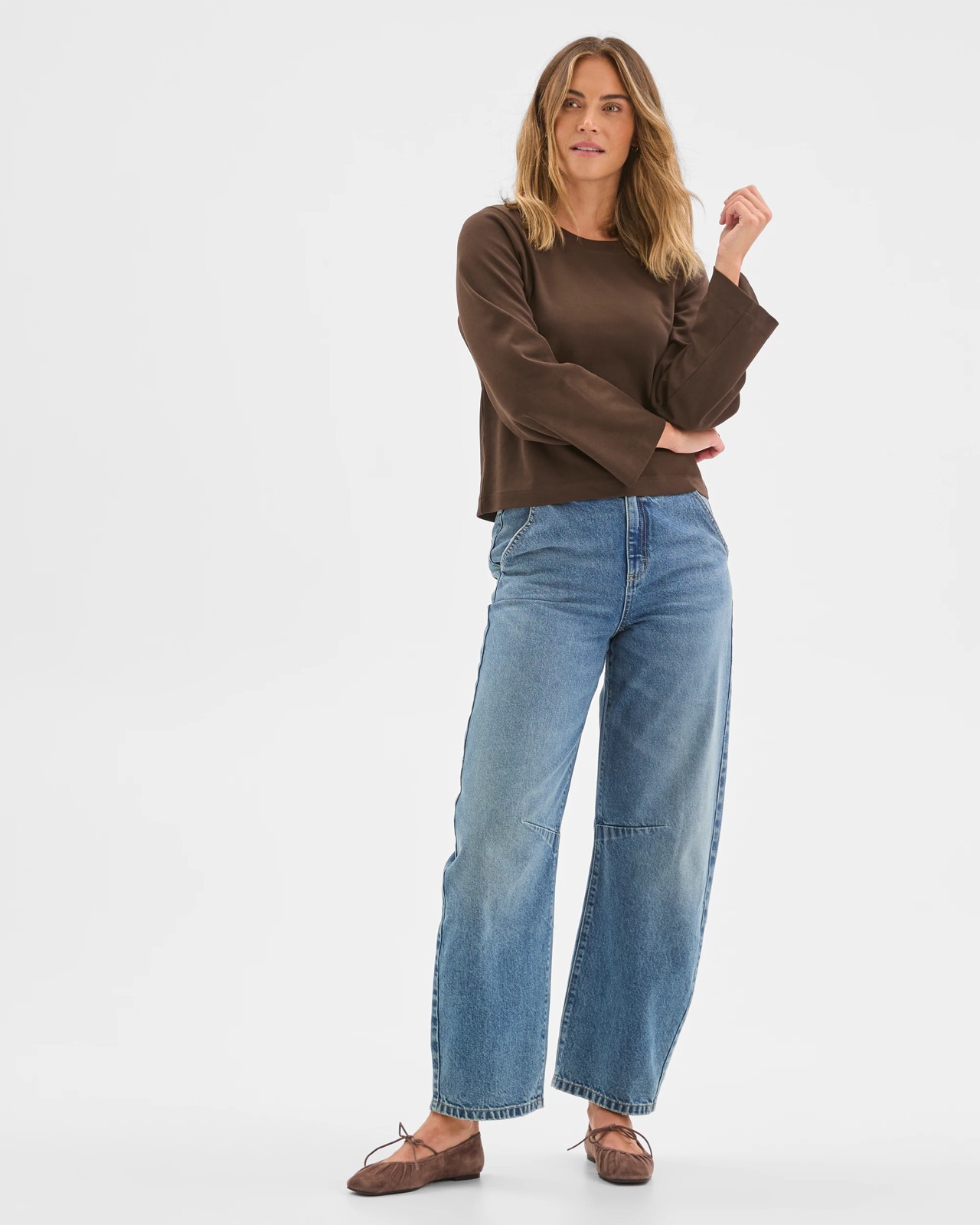 Australian Cotton Long Sleeve Spliced Top - Coffee Bean 2 of 6