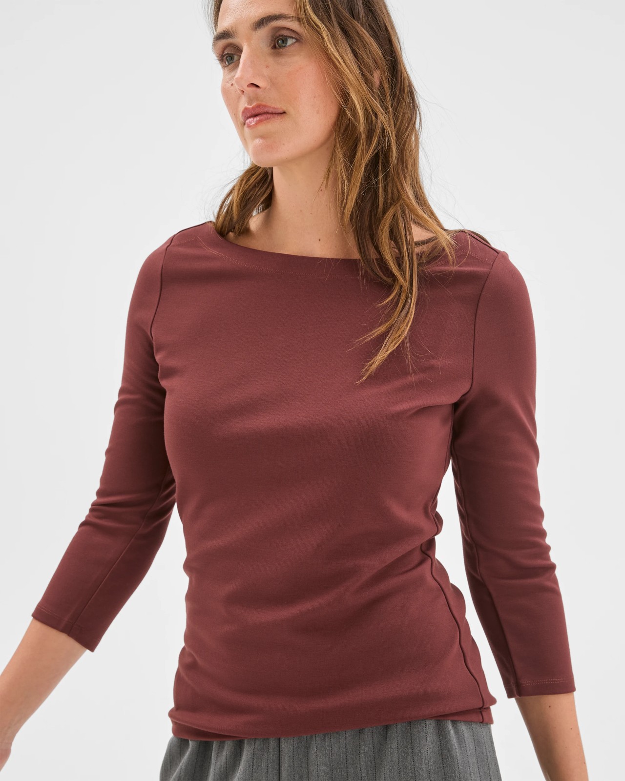Preview 3/4 Sleeve Boat Neck Ponte T-Shirt - Dark Chocolate 5 of 5