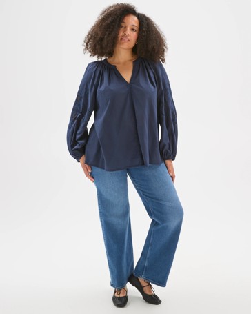 Plus Size Long Sleeve Embroidered Detail Top