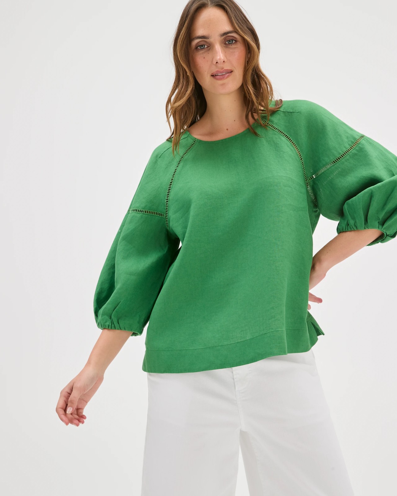 European Linen 3/4 Sleeve Trim Detail Top - Verdant Green 3 of 5