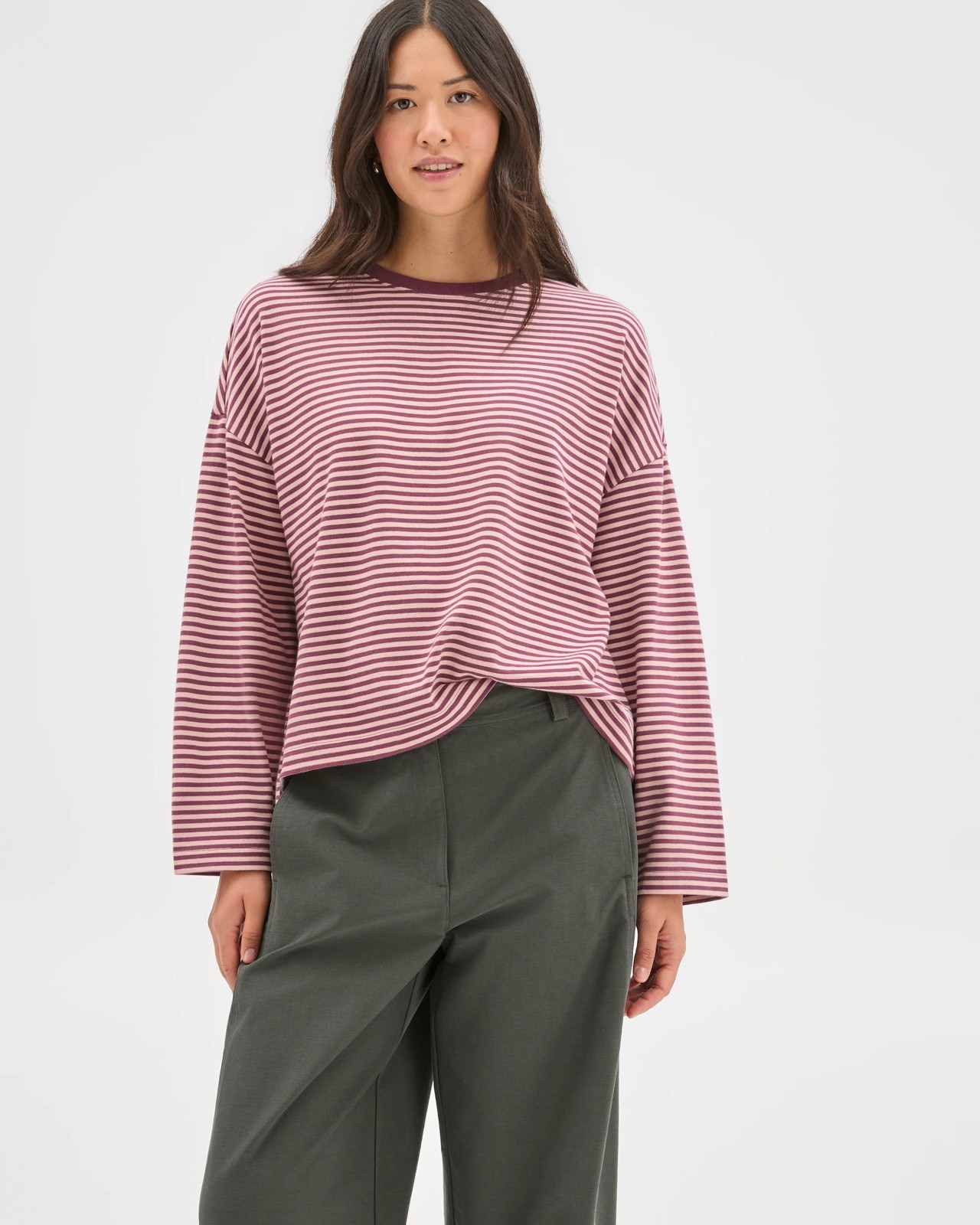 Australian Cotton Long Sleeve Heavyweight Oversized T-Shirt - Pansy/Soft Blush Stripe 3 of 6