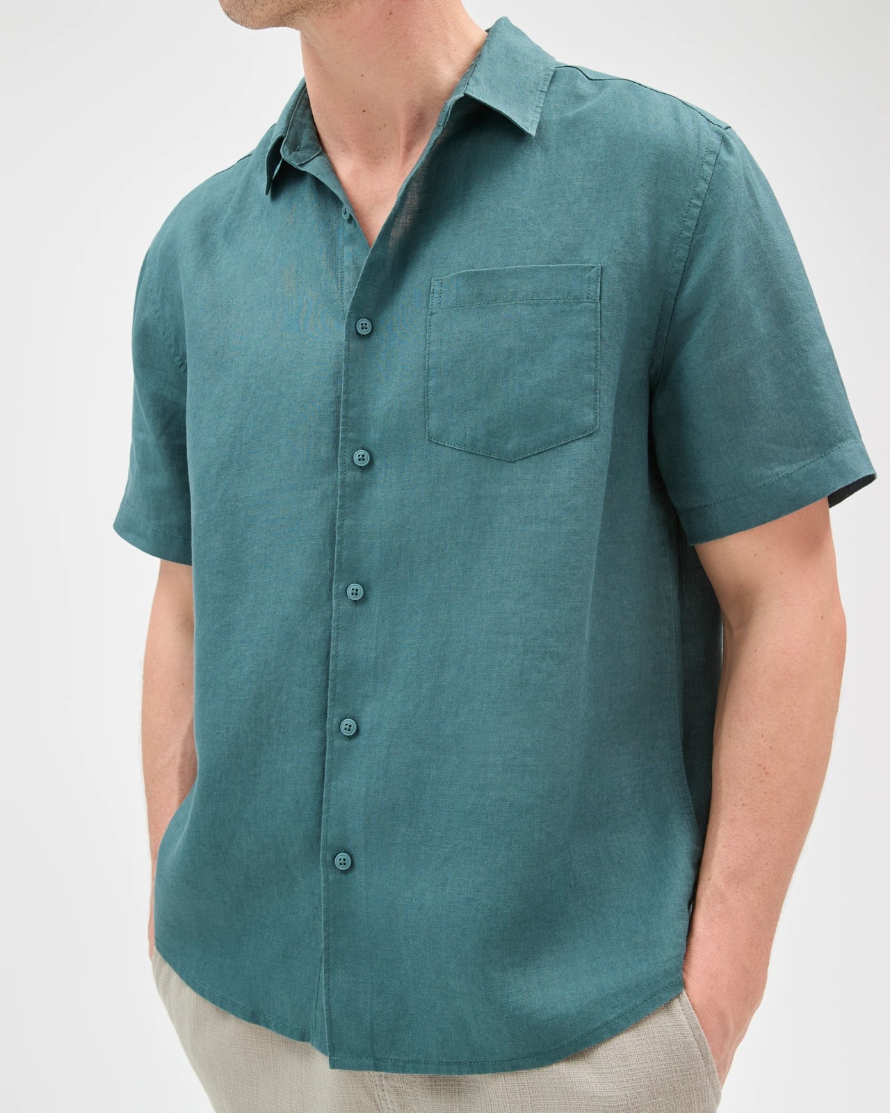 European Linen Short Sleeve Shirt - Hunter Green 3 of 5