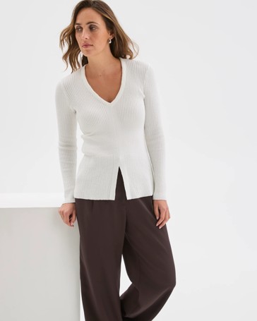 Preview Long Sleeve V-Neck Boucle Knit Top
