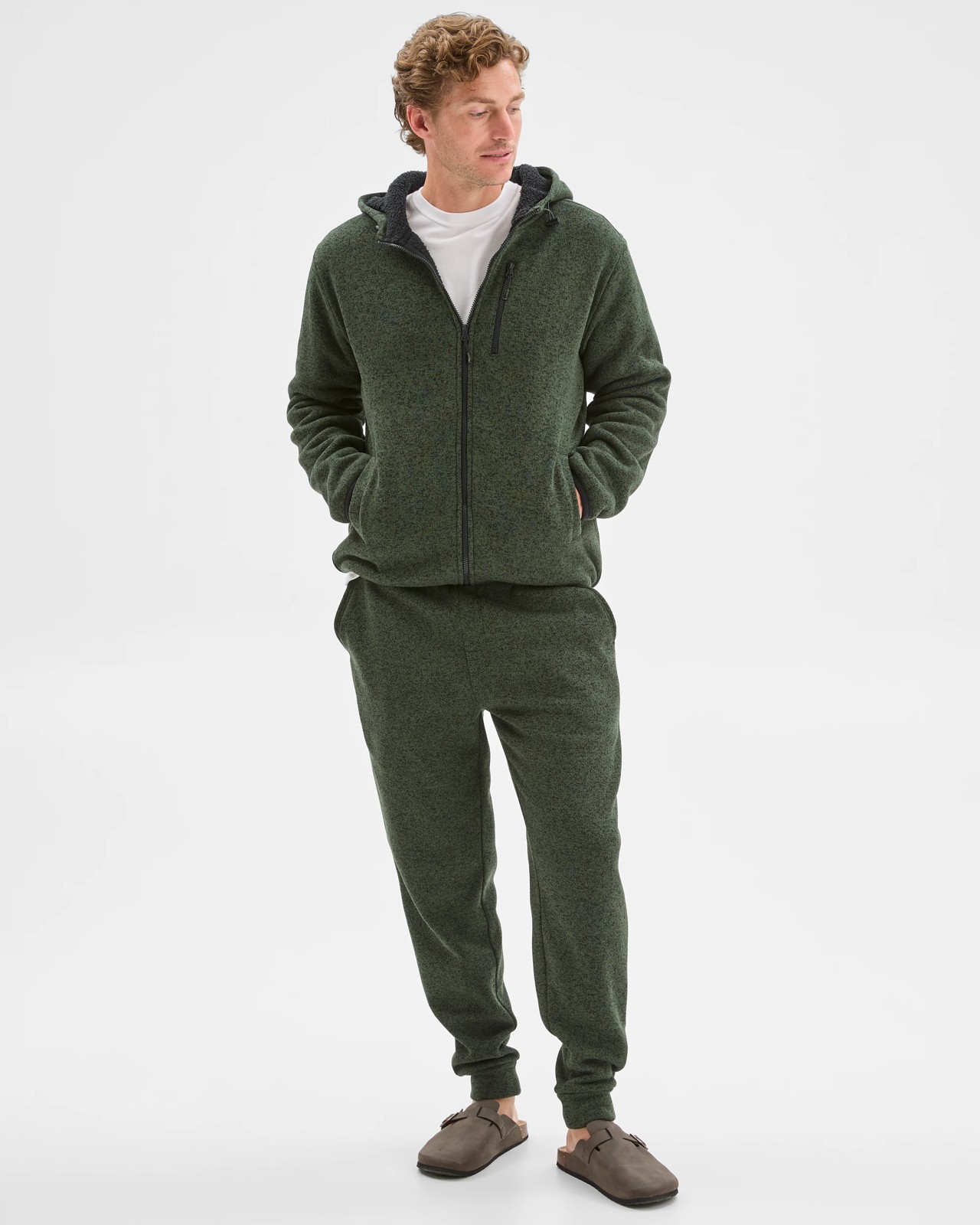 Teddy Lined Zip Through Fleece Hoodie - Green Marle 2 of 6
