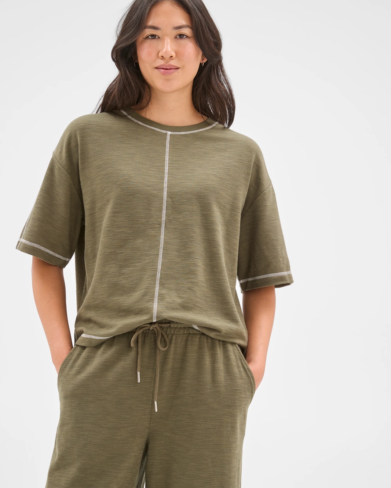 Textured Pants with Contrast Seams - Dusty Moss 5 of 5