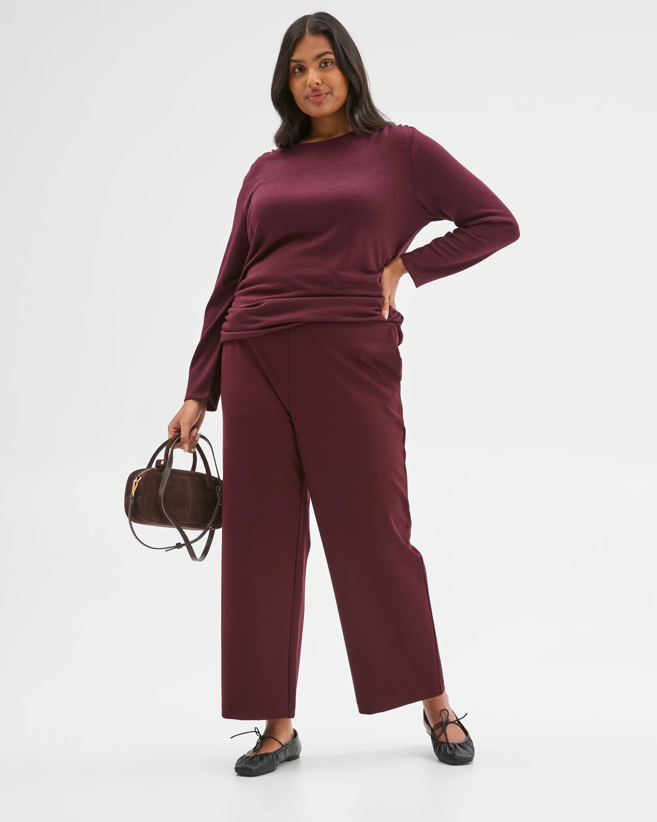 Plus Size Crop Length Wide Leg Ponte Pants - Pinot Burgundy 2 of 6