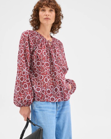 Australian Cotton Long Sleeve Print Gather Detail Blouse