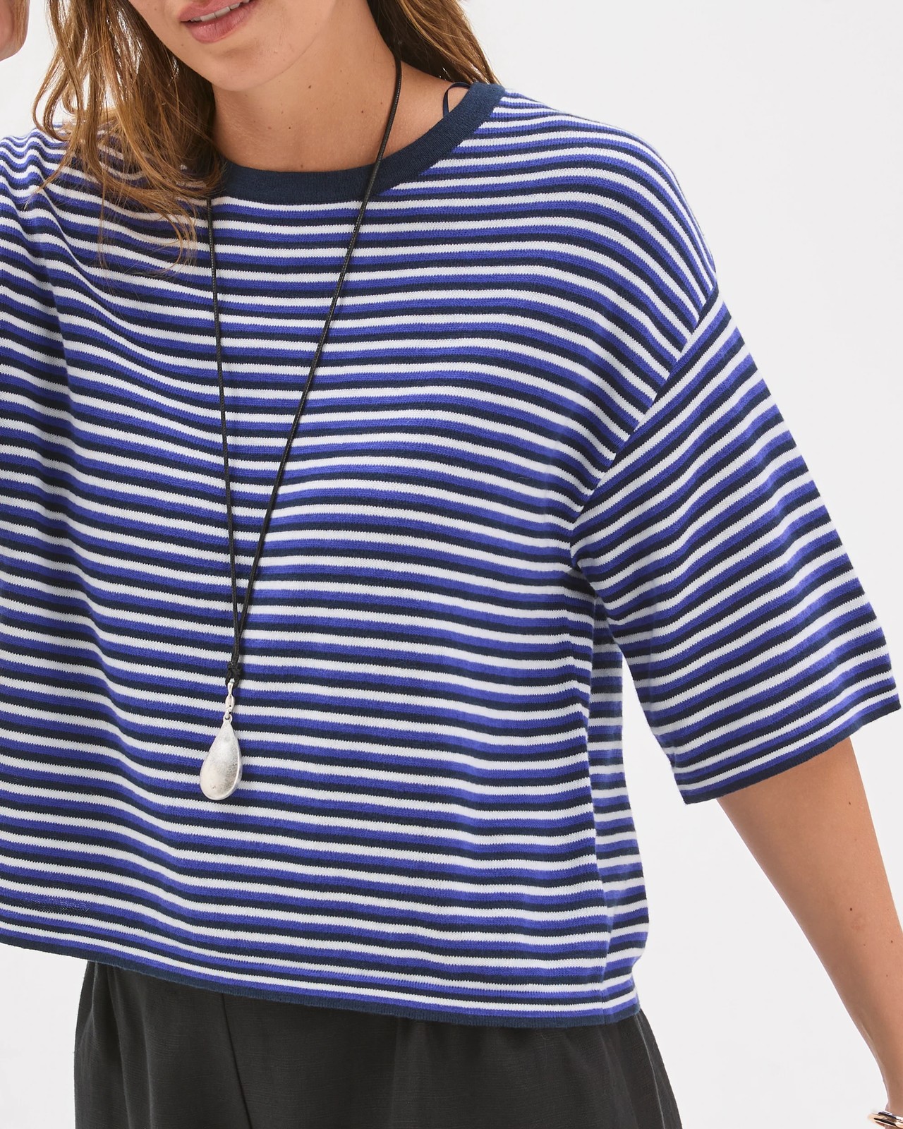 Australian Cotton Blend Drop Shoulder Boxy Knit T-Shirt - Multi Stripe 5 of 6
