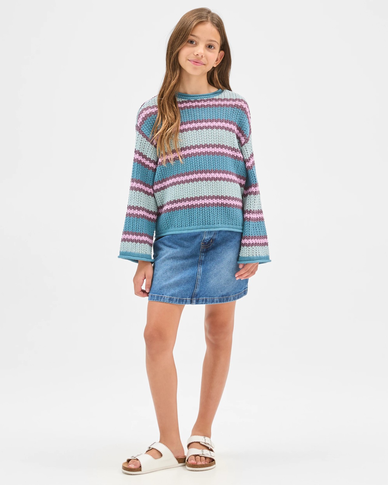 Australian Cotton Crochet Knit Jumper - Stripe Blue 2 of 6