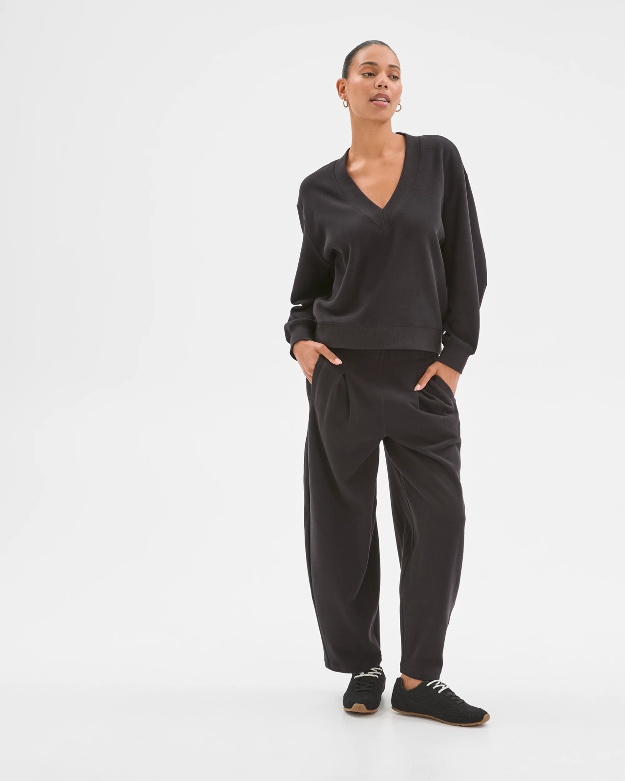 Active Australian Cotton Blend Sueded Rib Barrel Leg Pants - Black 3 of 5