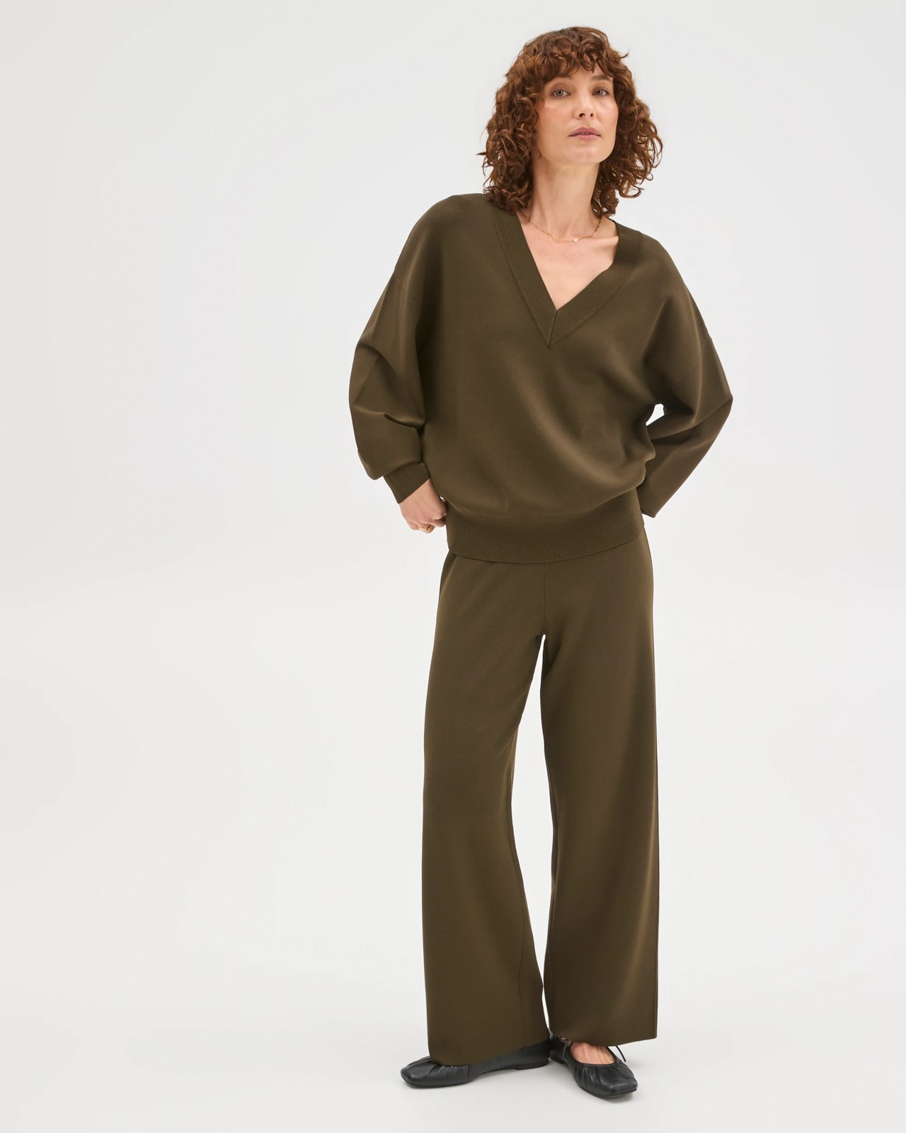 Preview Crepe Knit V-Neck Sweater - Dark Olive 2 of 5