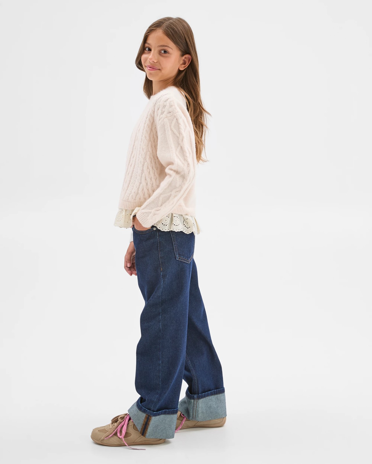 Cable Knit Lace Hem Sweater - Cream 3 of 5