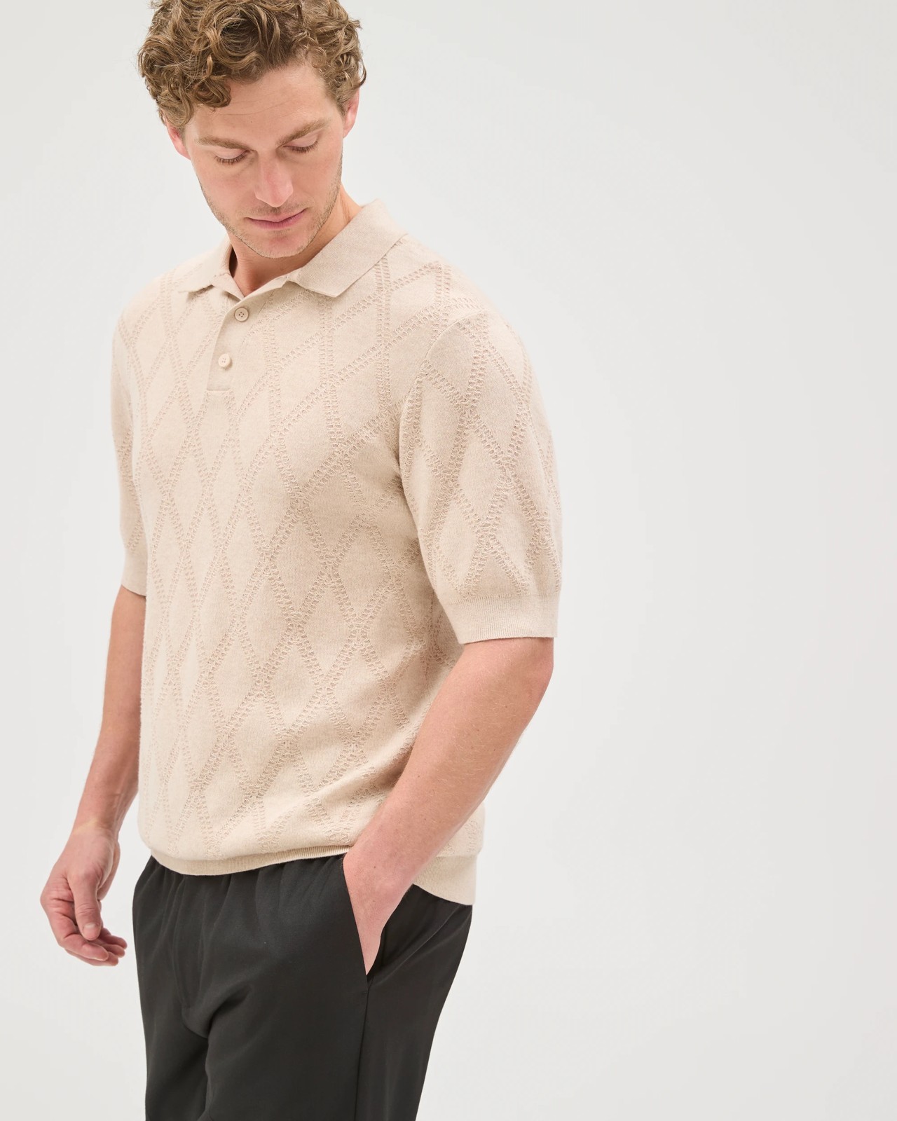 Preview Australian Cotton Jacquard Knit Polo Top - Moonbeam 3 of 5