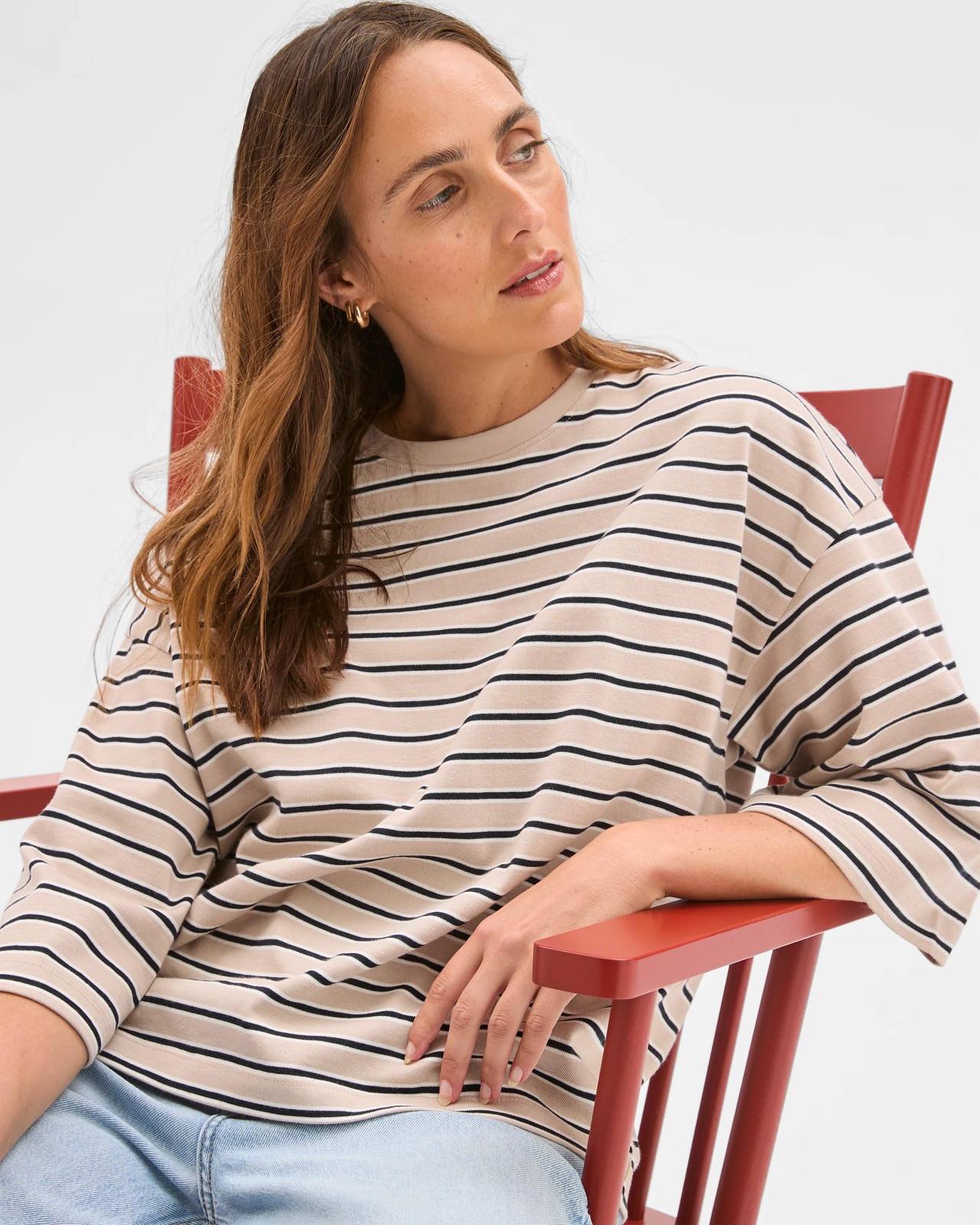 Australian Cotton 3/4 Length Wide Sleeve Boxy T-Shirt - Black/Birch/Cloud Dancer 5 of 5