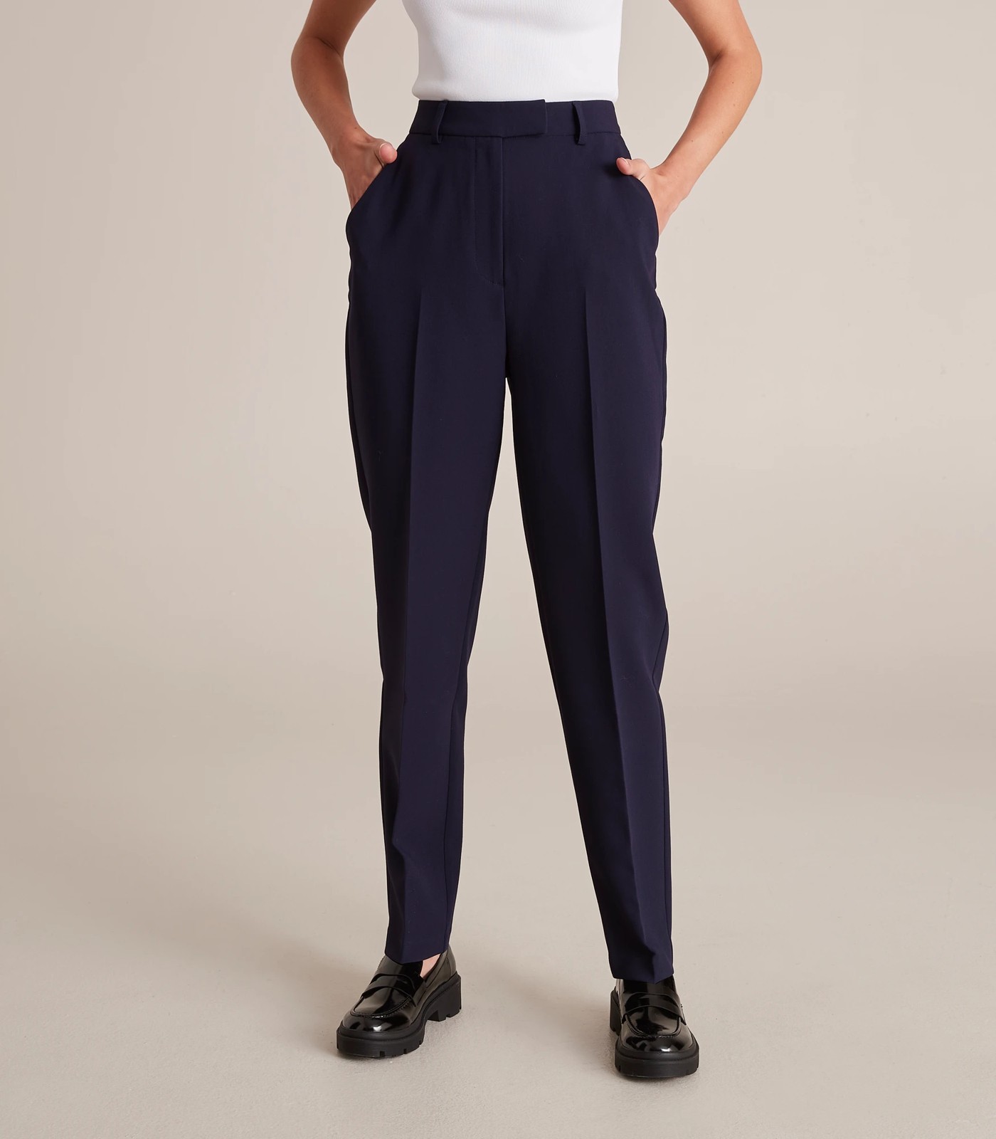 Plus Size Navy Blue Stretch Tapered Trousers