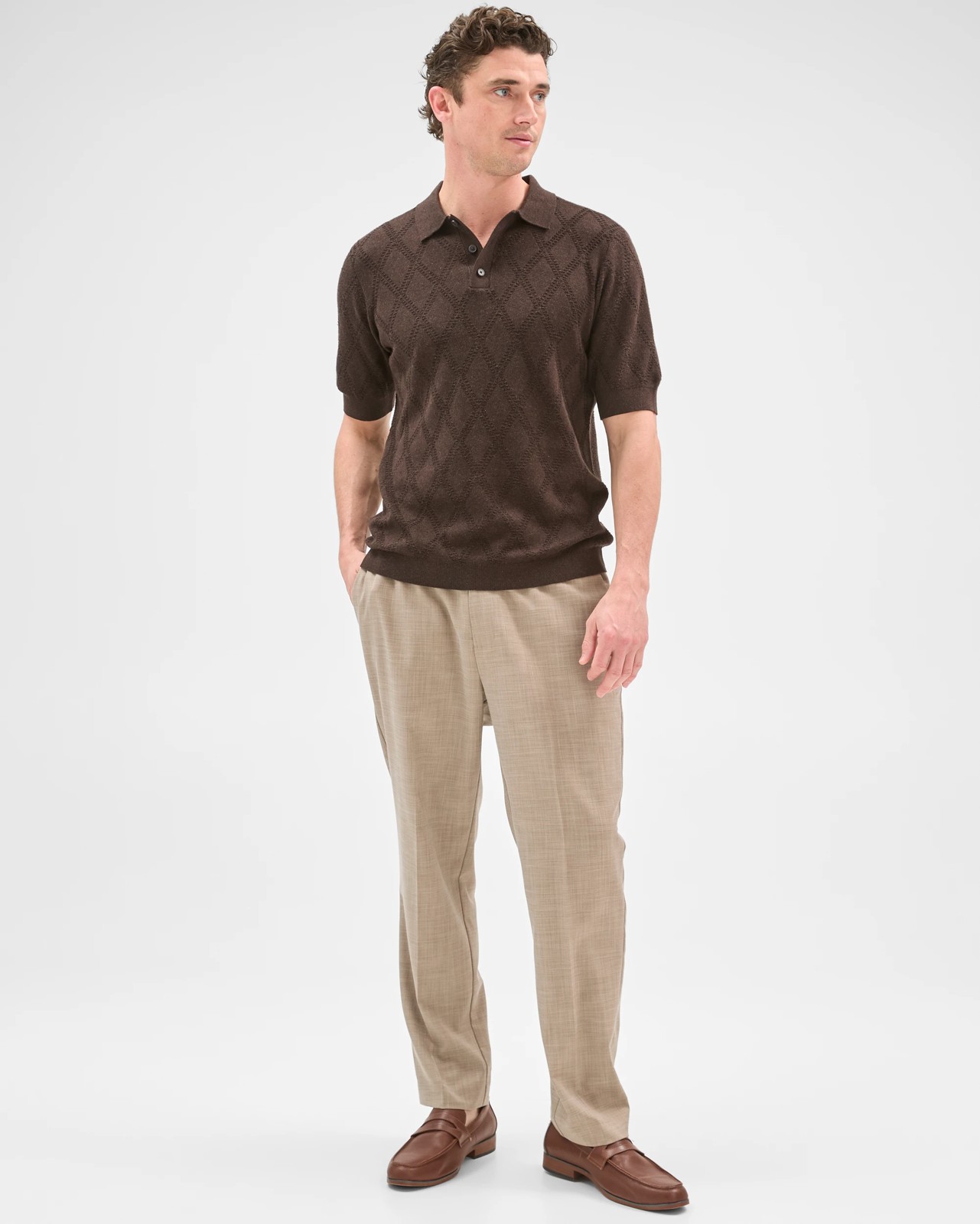 Preview Australian Cotton Jacquard Knit Polo Top - Chocolate 4 of 6