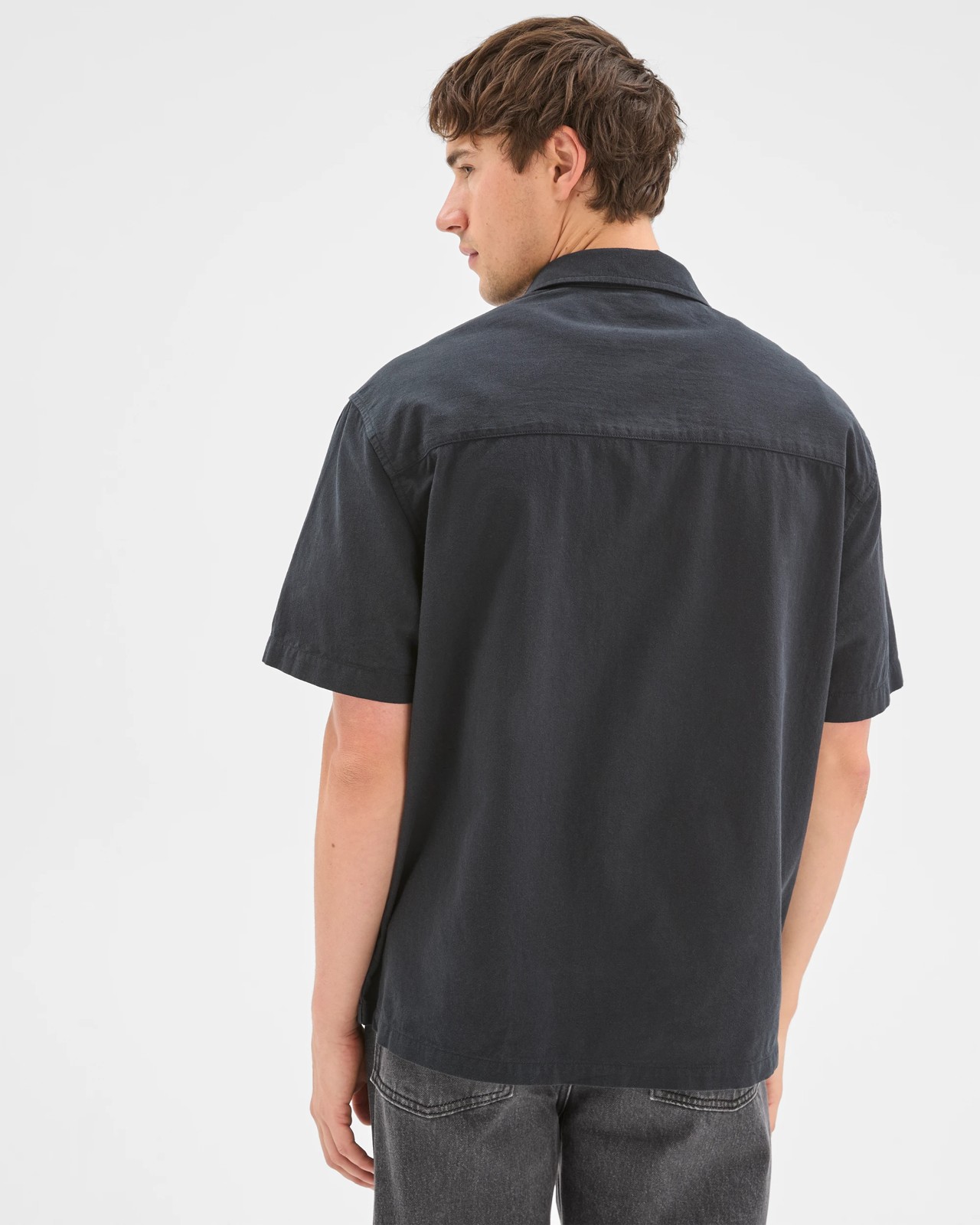 Commons Australian Cotton Plain Textured Boxy Fit Short Sleeve Shirt - Washed Black 6 of 6