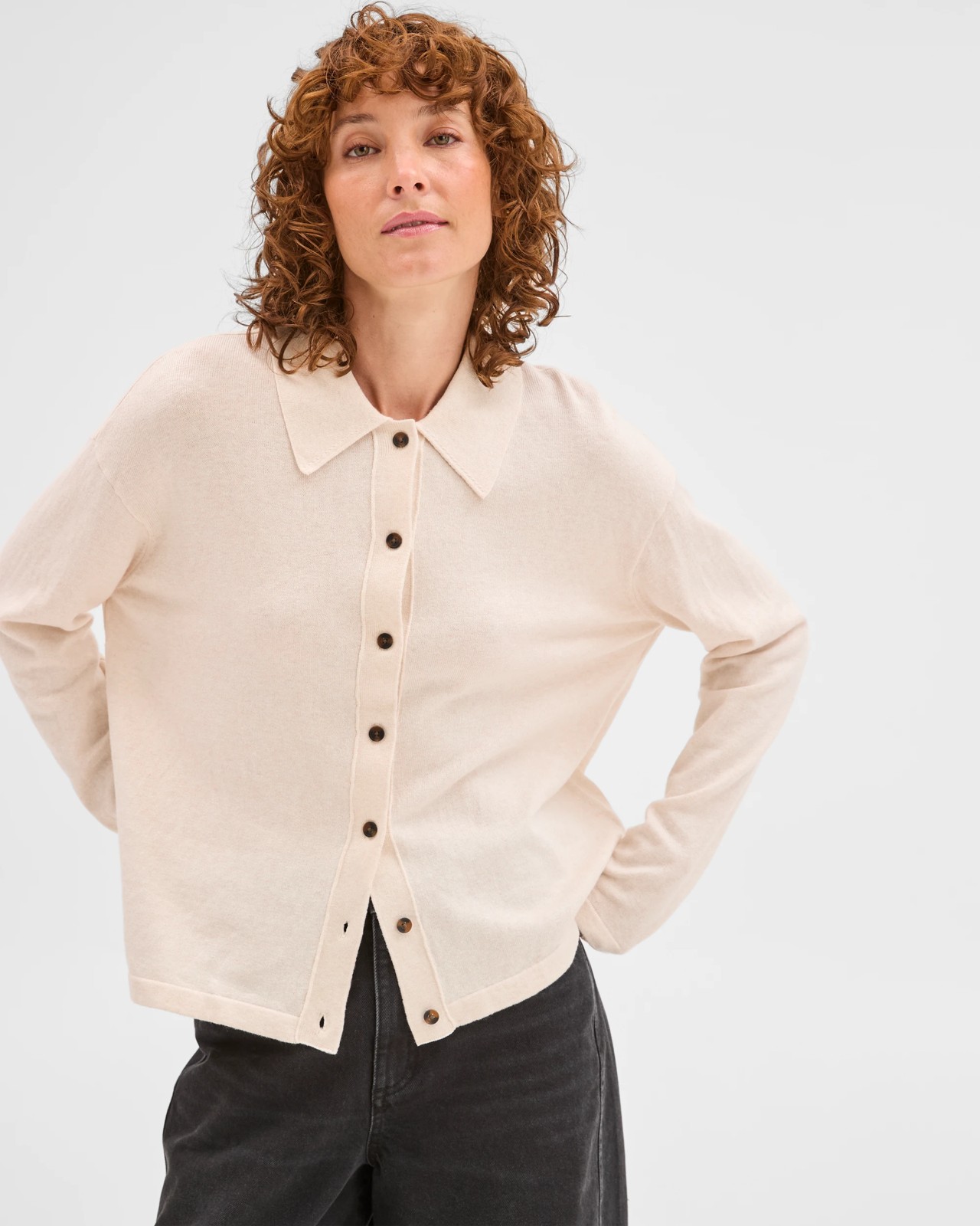 Australian Cotton Blend Knit Polo Collar Cardigan - Pebble 4 of 5