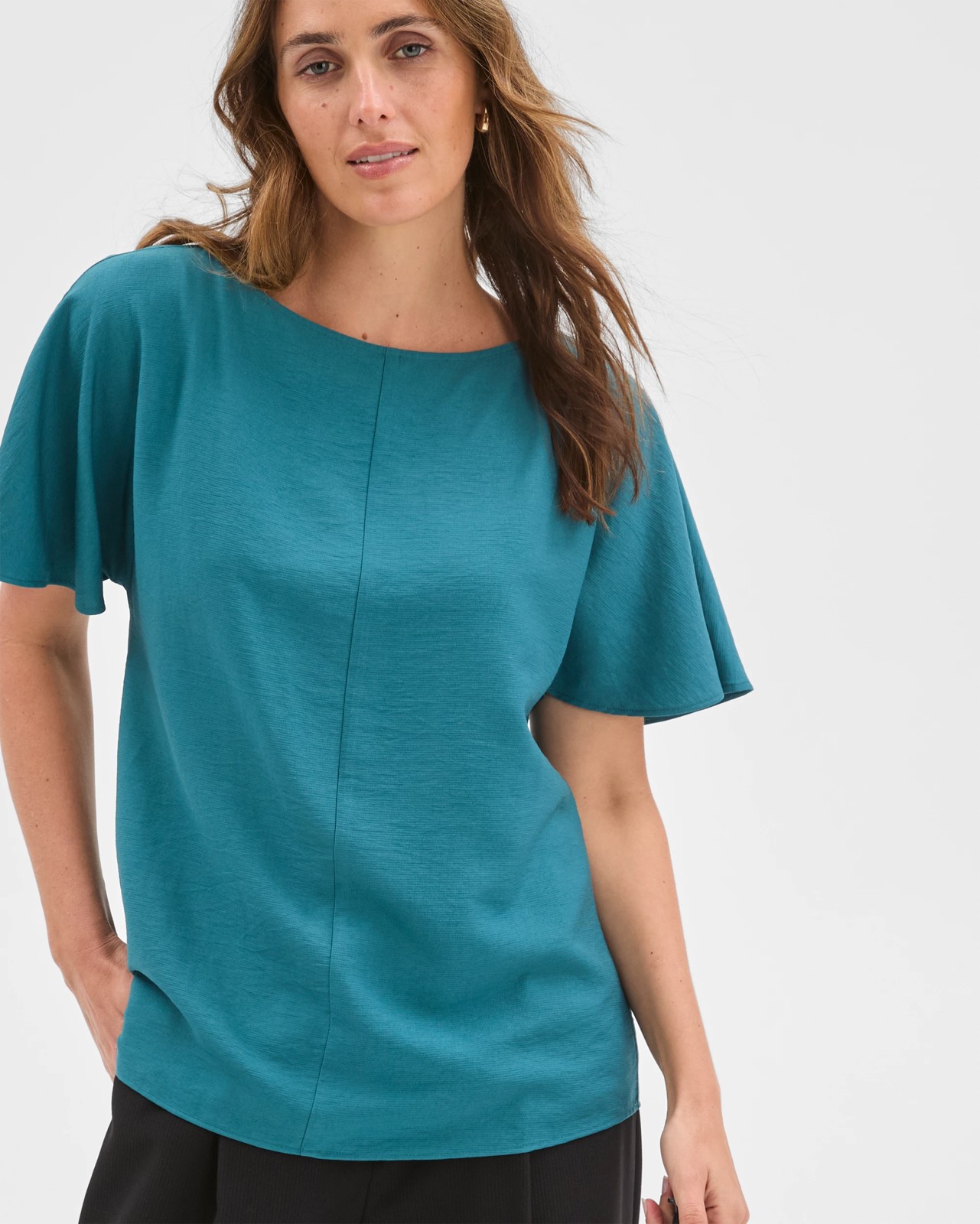 Preview Short Flutter Sleeve Textured Blouse - Peacock 4 of 5