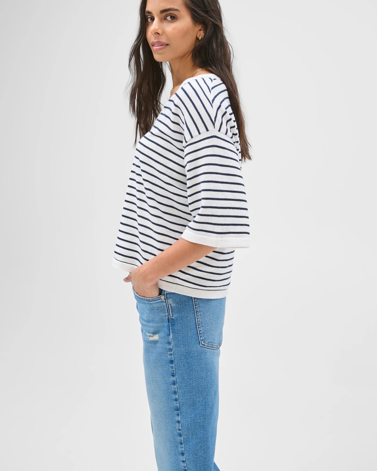 Australian Cotton Blend Boxy V-Neck Knitted T-Shirt - Ink Navy White Stripe 4 of 5