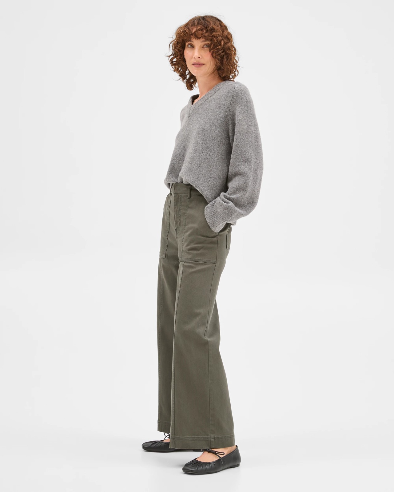 Australian Cotton Blend Stretch Twill Wide Leg Pants - Oregano 2 of 6