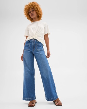 Petites Mila Full Length Wide Leg Denim Jeans