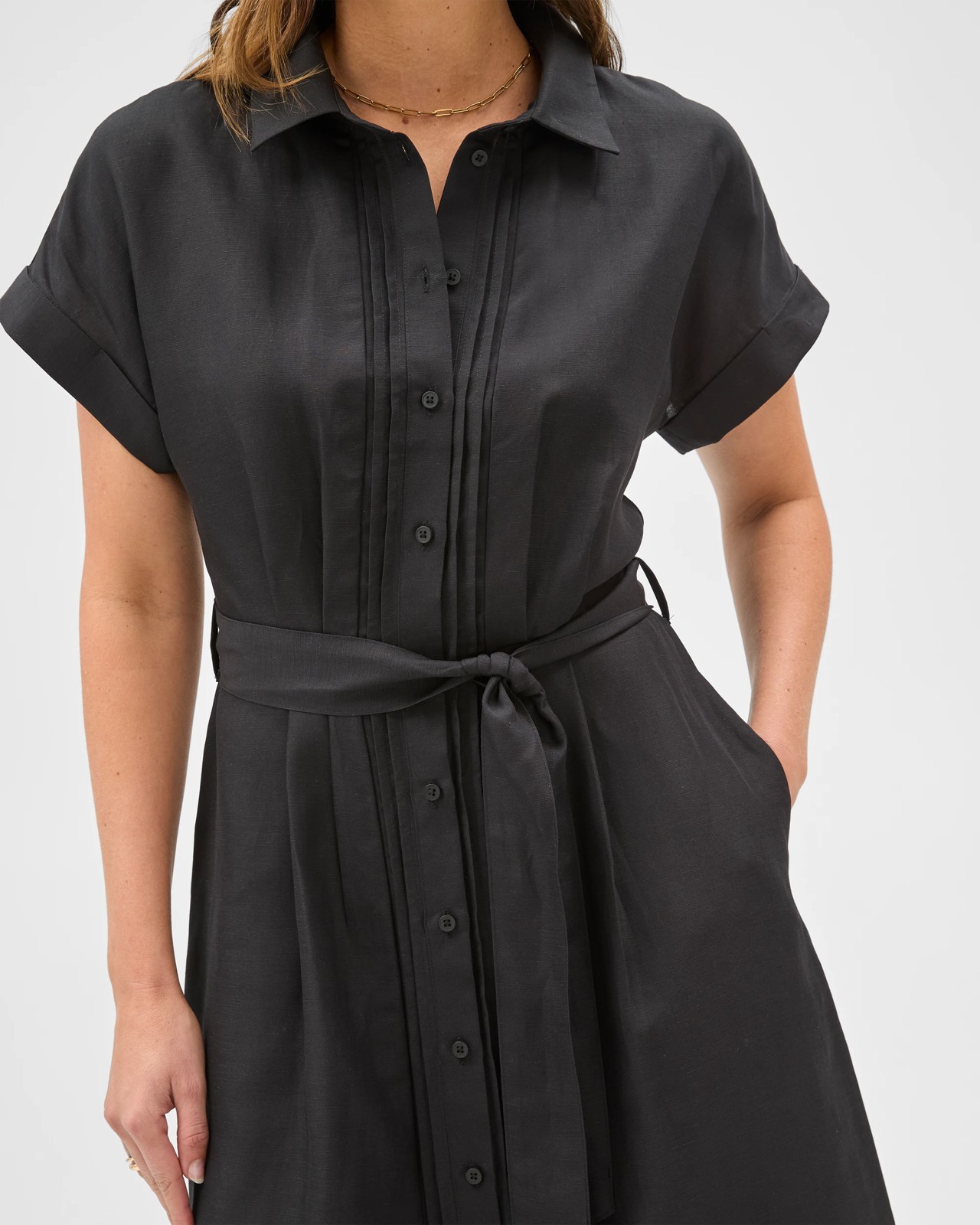Preview Short Sleeve Pintuck Midi Shirt Dress - Black 4 of 5