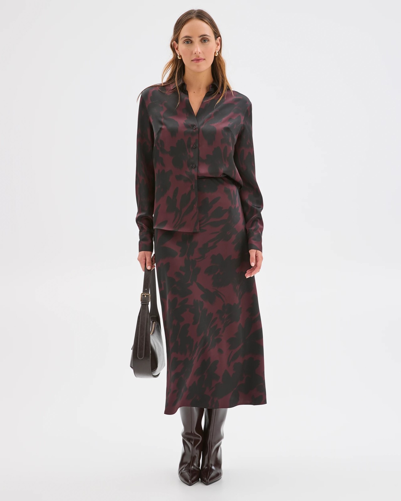 Preview Satin Bias Cut Midi Skirt - Chocolate Blur Floral 3 of 5