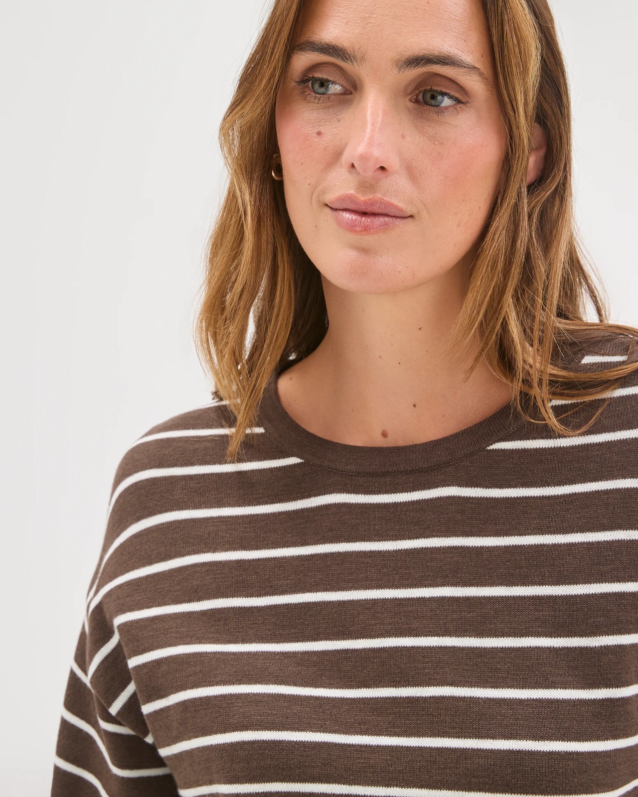 Australian Cotton Blend Drop Shoulder Boxy Knit T-Shirt - Brown Stripe 5 of 6
