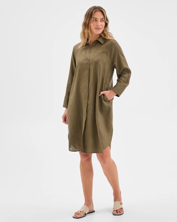 European Linen 3/4 Sleeve Midi Shirt Dress