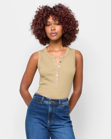 Petites Australian Cotton Rib Racer Sleeveless Henley Tank Top