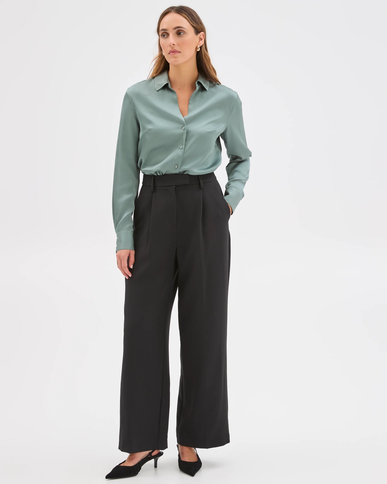 Preview Satin Long Sleeve Button Up Shirt - Seafoam 5 of 5